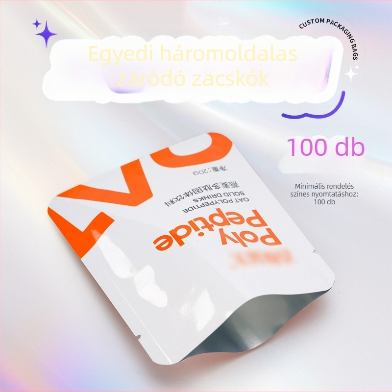 Háromoldalú záródású zacskók italok és élelmiszerek csomagolására, alumínium bevonatú anyag, logónyomtatás, önállóan álló zipzáras zacskók