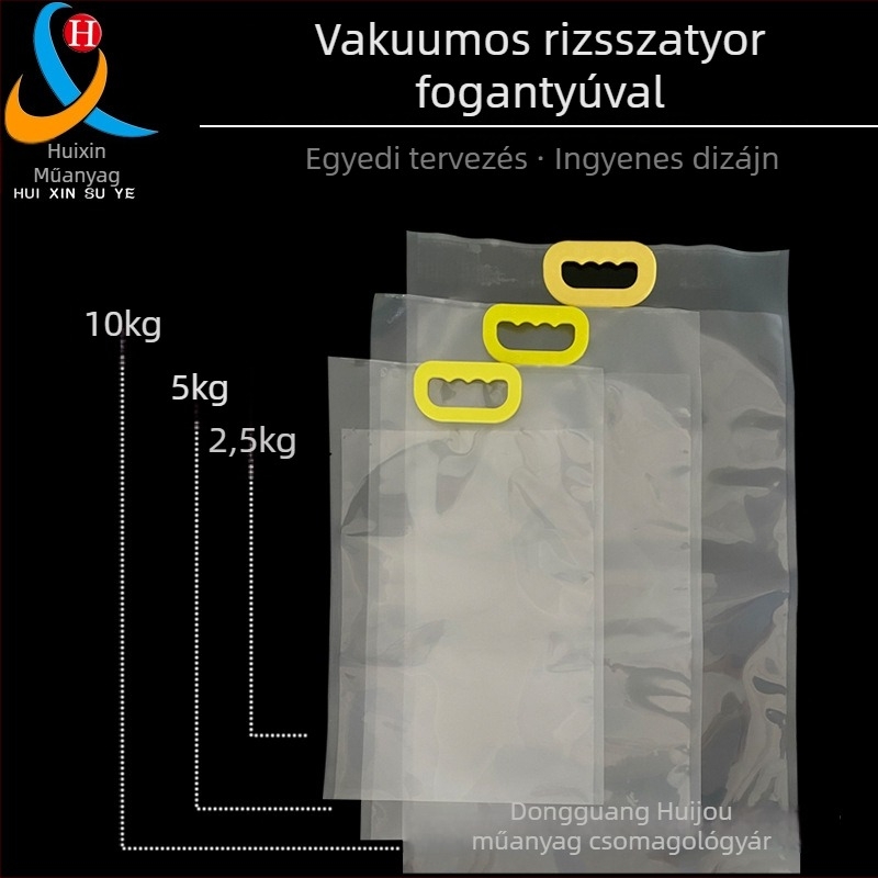 Sűrített, átlátszó vákuumos rizs csomagoló tasak, fogantyúval, köles és vegyes gabonák számára, nyomtatott