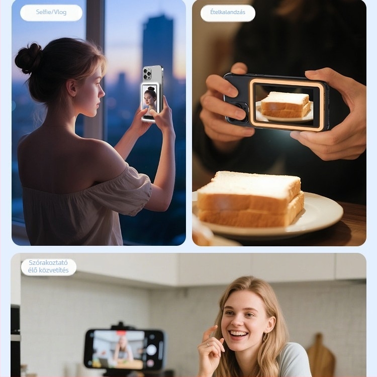 Vezeték nélküli hordozható képernyő-projektor osztott kijelzővel élő közvetítéshez és selfie-hez, Bluetooth, beépített fény