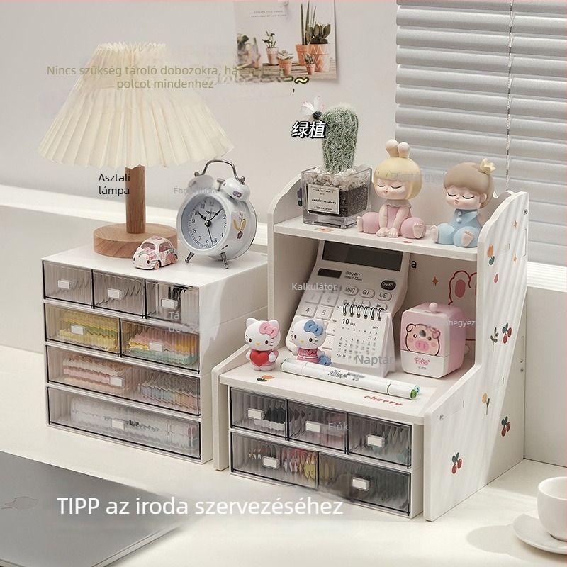 Asztali tárolópolc, kétemeletes PVC szervező, többfunkciós, por- és nedvességálló, kozmetikumok, irodai kellékek és könyvek számára