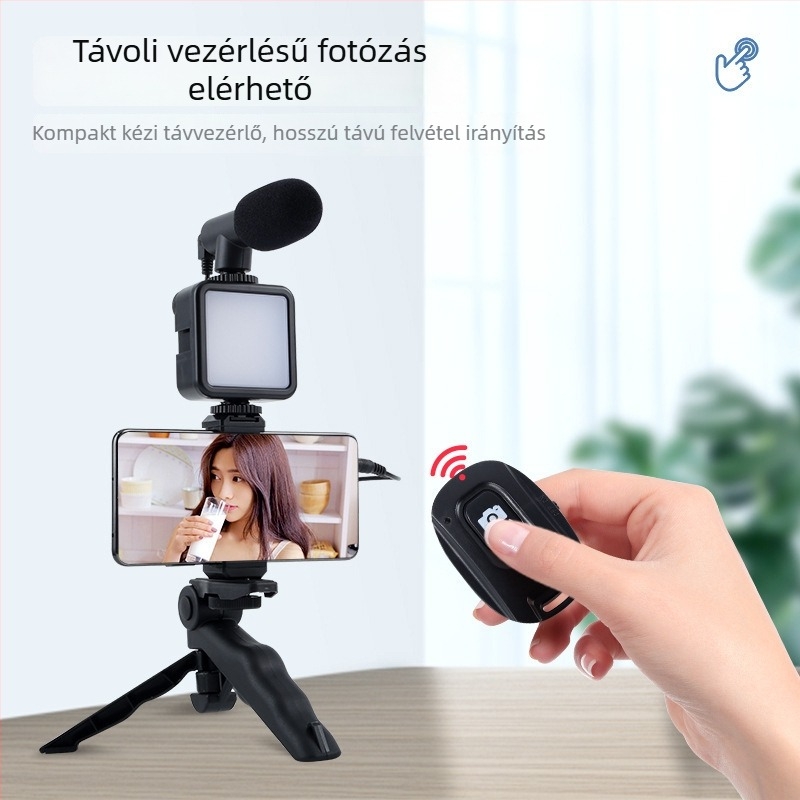 Univerzális telefonos kamerastabilizátor Bluetooth távirányítóval, anti‑rezgés, beépített világítás (műanyag)