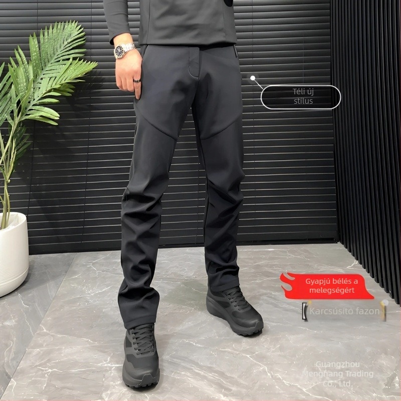 Férfi téli nylon nadrág fleece béléssel, karcsú szabás, hétköznapi hosszú nadrág