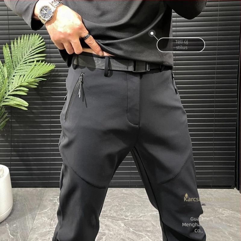 Férfi téli nylon nadrág fleece béléssel, karcsú szabás, hétköznapi hosszú nadrág