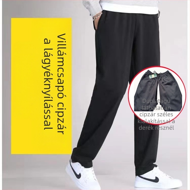 Férfi Ice Silk sportnadrág tavasz–nyárra, open-crotch és rejtett, dupla csúszkás zipzárral, egyenes szabás, laza derék, bambusz rost és poliészter-elasztán keverék