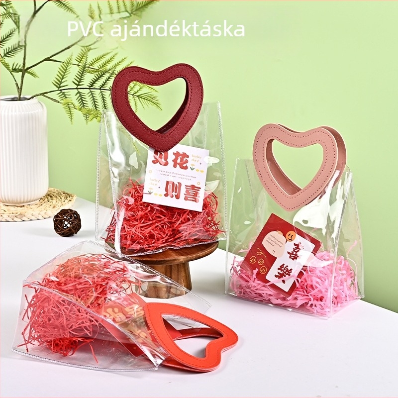 Átlátszó PVC kézitáska ajándékcsomagoláshoz szív-virág mintával – Jingjie márka, felhasználás: ajándékcsomagolás, kettős réteg vastagság: 60 selyem, napi gyártás: 10000
