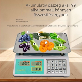 Shenxin 30 kg-os elektronikus mérleg piacokra – Magas pontosság, mérési tartomány 10 g–30 kg, Modell 619 rozsdamentes acél gombbal, Tápellátás: hálózati vagy akkumulátoros, Ideális zöldségek árazásához