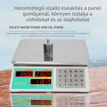 Shenxin 30 kg-os elektronikus mérleg piacokra – Magas pontosság, mérési tartomány 10 g–30 kg, Modell 619 rozsdamentes acél gombbal, Tápellátás: hálózati vagy akkumulátoros, Ideális zöldségek árazásához