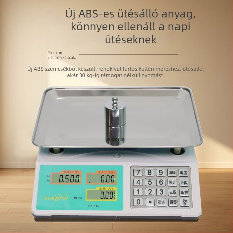 Shenxin 30 kg-os elektronikus mérleg piacokra – Magas pontosság, mérési tartomány 10 g–30 kg, Modell 619 rozsdamentes acél gombbal, Tápellátás: hálózati vagy akkumulátoros, Ideális zöldségek árazásához