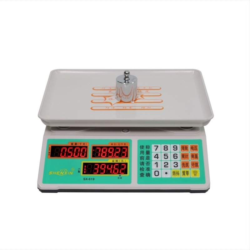 Shenxin 30 kg-os elektronikus mérleg piacokra – Magas pontosság, mérési tartomány 10 g–30 kg, Modell 619 rozsdamentes acél gombbal, Tápellátás: hálózati vagy akkumulátoros, Ideális zöldségek árazásához