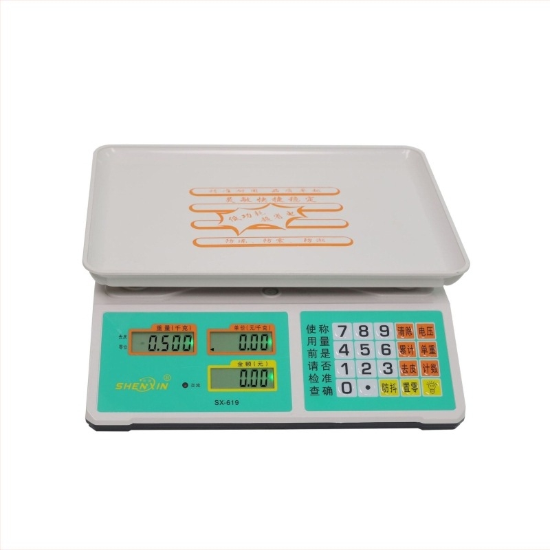 Shenxin 30 kg-os elektronikus mérleg piacokra – Magas pontosság, mérési tartomány 10 g–30 kg, Modell 619 rozsdamentes acél gombbal, Tápellátás: hálózati vagy akkumulátoros, Ideális zöldségek árazásához