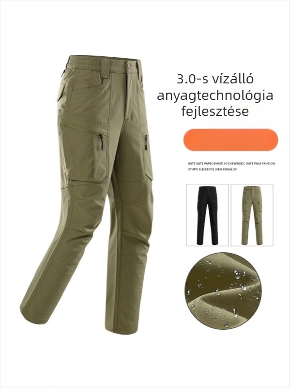Férfi kültéri vízálló taktikai nadrág sok zsebbel; 87% nylon keverék, lélegző, nedvszívó, kopásálló, mikroelasztikus