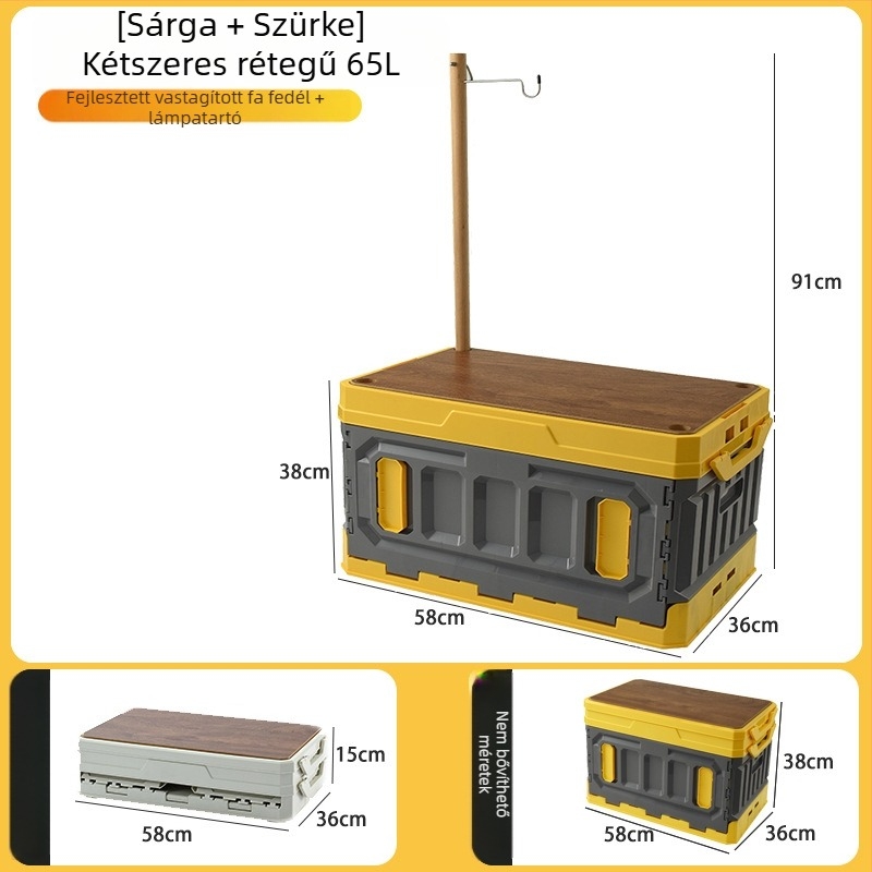 Szabadban használt kemping-tároló doboz felnyitható fedéllel, összecsukható, 90–100 L kapacitás, háromszintű emelő dizájn, többfunkciós, asztalként is használható.