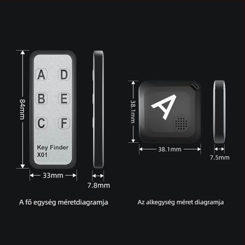 Belső tárgykereső One to Six modell, Bluetooth 5.3, 40 m hatótávolság, 190 mAh akkumulátor, méretek 84×33×7.5 mm