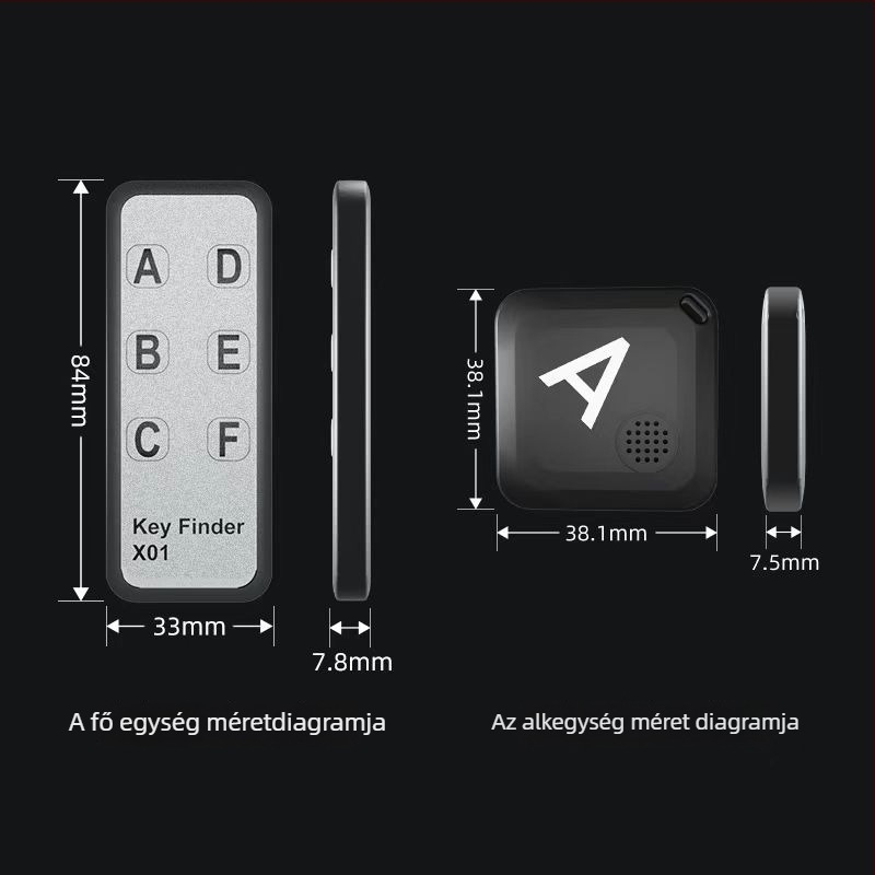 Belső tárgykereső One to Six modell, Bluetooth 5.3, 40 m hatótávolság, 190 mAh akkumulátor, méretek 84×33×7.5 mm