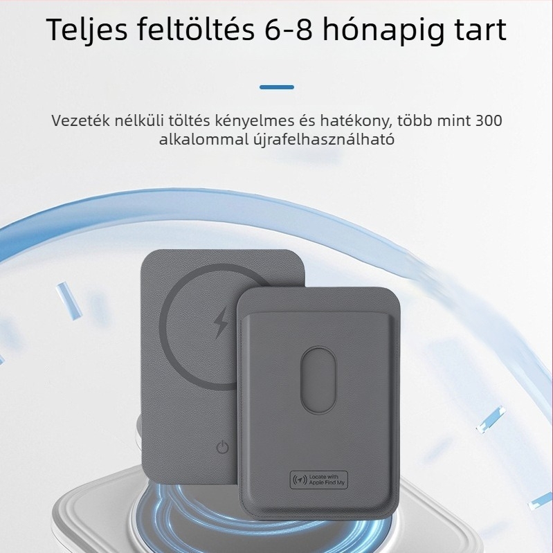 Mágneses telefon-tartó kártyatartóval és vezeték nélküli töltéssel, K03 modell, bőr + rozsdamentes acél, GPS követés Apple Find My-hoz