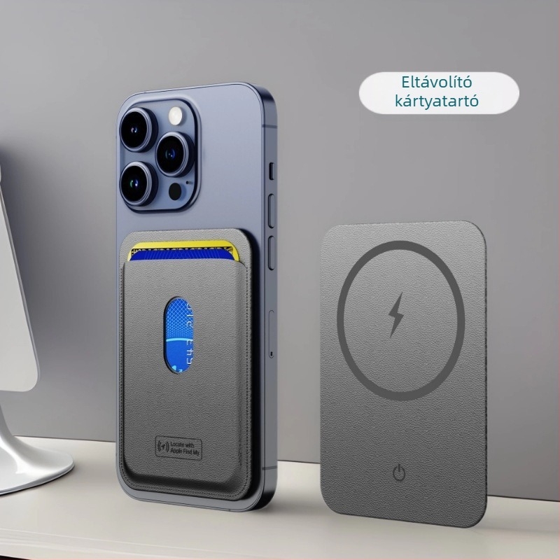 Mágneses telefon-tartó kártyatartóval és vezeték nélküli töltéssel, K03 modell, bőr + rozsdamentes acél, GPS követés Apple Find My-hoz