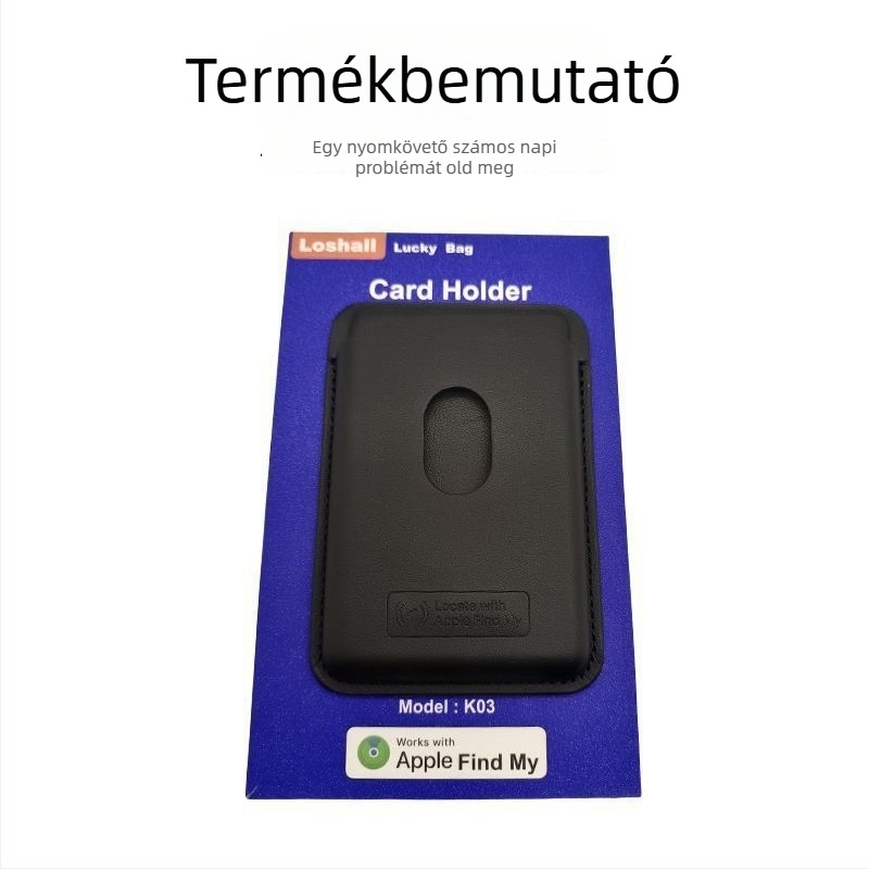 Mágneses telefon-tartó kártyatartóval és vezeték nélküli töltéssel, K03 modell, bőr + rozsdamentes acél, GPS követés Apple Find My-hoz