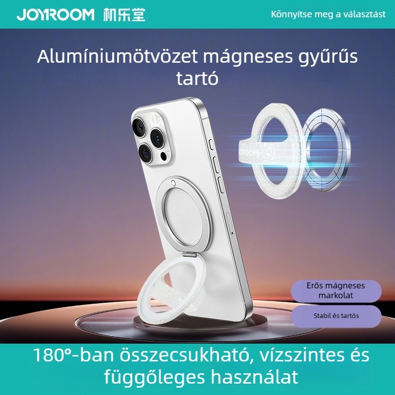 Joyroom mágneses gyűrűs telefon-tartó szilikon- és alumínium ötvözetből, szögállítás, összecsukható vákuumos alap