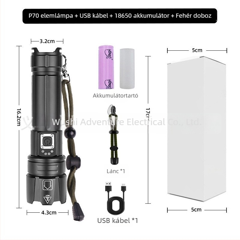 Adventurer alumíniumötvözetű LED zseblámpa optikai zoommal, újratölthető, 20W, 500 m+ hatótáv