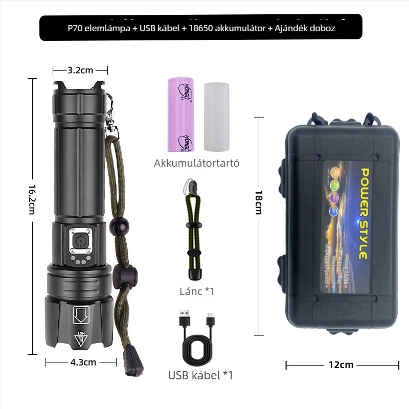 Adventurer alumíniumötvözetű LED zseblámpa optikai zoommal, újratölthető, 20W, 500 m+ hatótáv