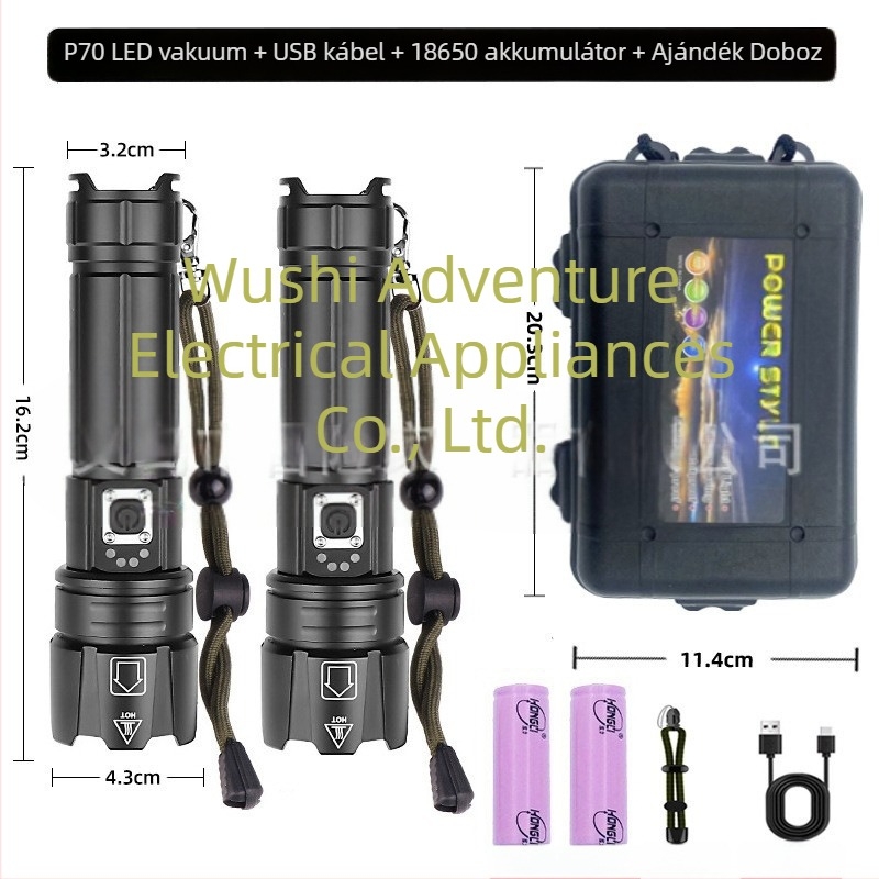 Adventurer alumíniumötvözetű LED zseblámpa optikai zoommal, újratölthető, 20W, 500 m+ hatótáv