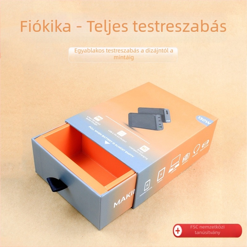 Fiókos ajándékdoboz, testreszabható csomagolás kartonból, domborítás, UV nyomtatás, gravírozás és ezüst forró bélyegzés; logó nyomtatás lehetséges