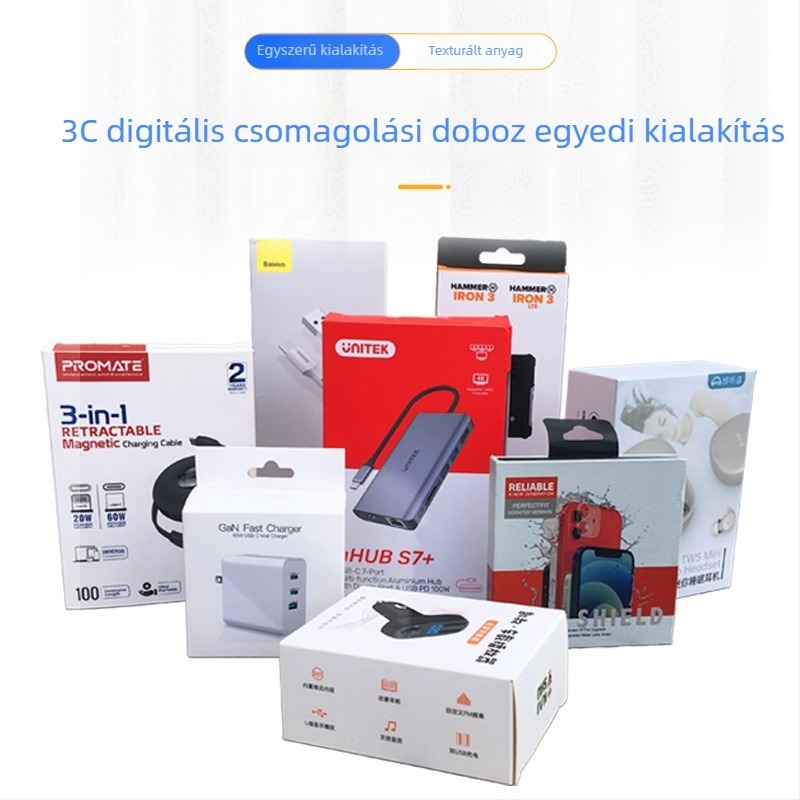 3C digitális elektronikai termék csomagoló doboza UV-nyomtatás és domborítás, kartonból készült kivitel, ablakos, testreszabható