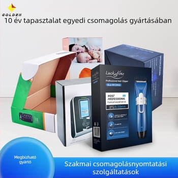 Elektronikus termékek csomagoló doboza — testreszabható a borotvákhoz és Bluetooth fejhallgatókhoz; logó nyomtatás elérhető; 250 gsm fehér karton + hullámkarton; befejezések: flokkolás, ofszetnyomtatás, szitanyomtatás, relief, UV nyomtatás, gravírozás, for