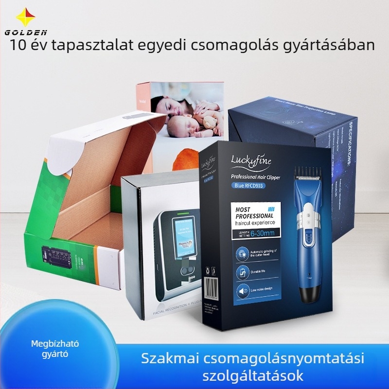 Elektronikus termékek csomagoló doboza — testreszabható a borotvákhoz és Bluetooth fejhallgatókhoz; logó nyomtatás elérhető; 250 gsm fehér karton + hullámkarton; befejezések: flokkolás, ofszetnyomtatás, szitanyomtatás, relief, UV nyomtatás, gravírozás, for