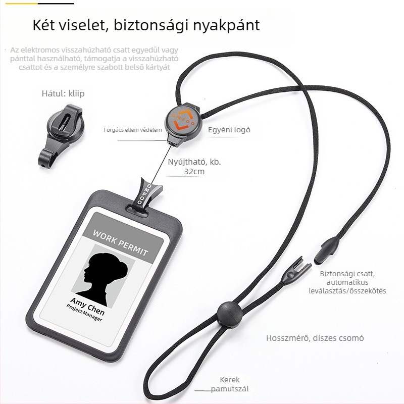 Műanyag kártyatartó, kihúzható, levehető nyakpánttal és biztonsági csattal