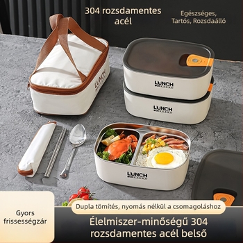Ebédbox 304 rozsdamentes acélból, háromrétegű rekeszes kialakítás, mikrohullámú sütőben használható, forróvízzel melegíthető, kapacitás 1–2 L