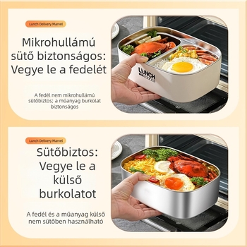 Ebédbox 304 rozsdamentes acélból, háromrétegű rekeszes kialakítás, mikrohullámú sütőben használható, forróvízzel melegíthető, kapacitás 1–2 L