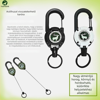 Behúzható acélhuzalos kulcstartó, kör alakú kialakítás, nikkel anyag, teherbírás 5 kg, személyre szabható