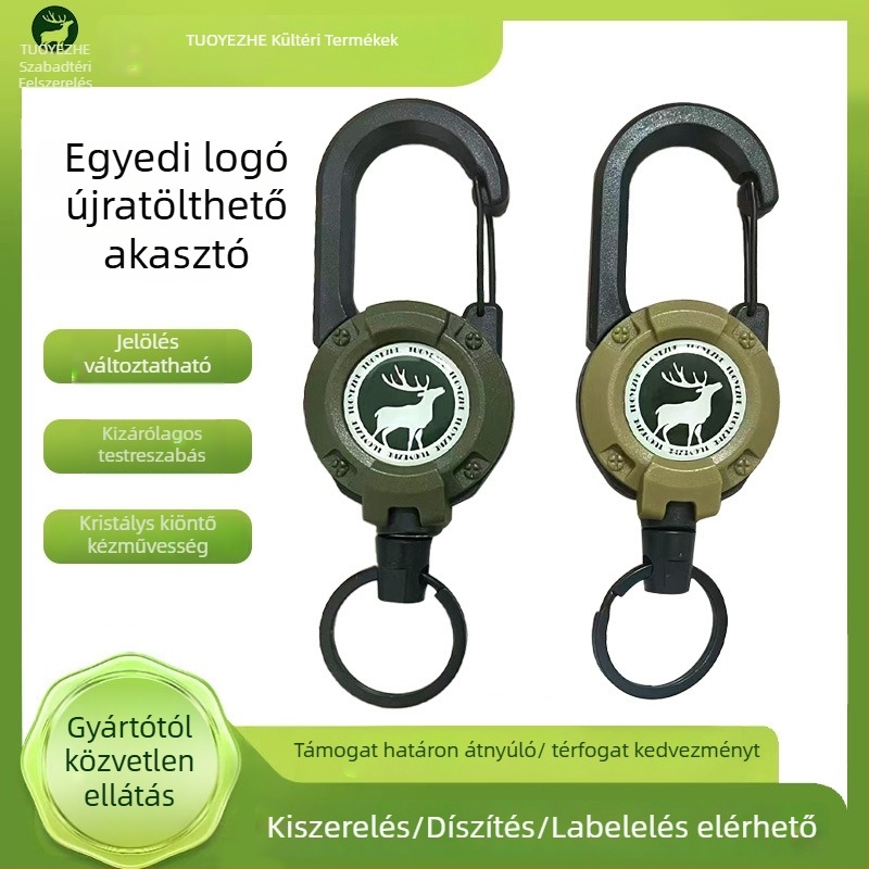 Behúzható acélhuzalos kulcstartó, kör alakú kialakítás, nikkel anyag, teherbírás 5 kg, személyre szabható