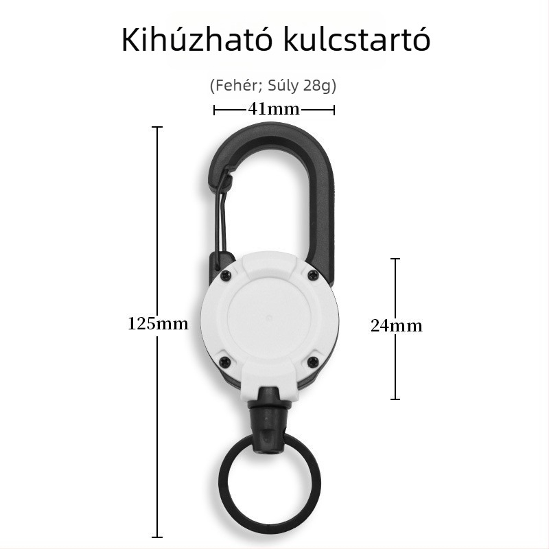Behúzható acélhuzalos kulcstartó, kör alakú kialakítás, nikkel anyag, teherbírás 5 kg, személyre szabható