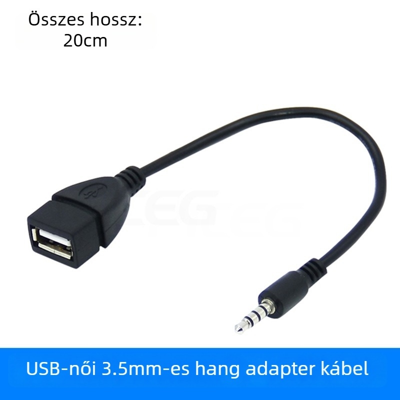 USB–ról 3,5 mm-es AUX hangátviteli adapterkábel autóhoz és iPod adathoz; réz vezetővel és nikkelezett bevonattal.