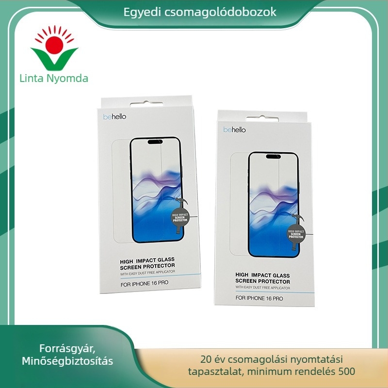 Digitális termékek csomagoló doboza, testreszabható; anyag: papír/papírtáblás; súly: 250–450 g; nyomtatási technikák: offset, szitanyomás, UV, relief, forró bélyegzés (arany/ezüst); logó nyomtatás: elérhető