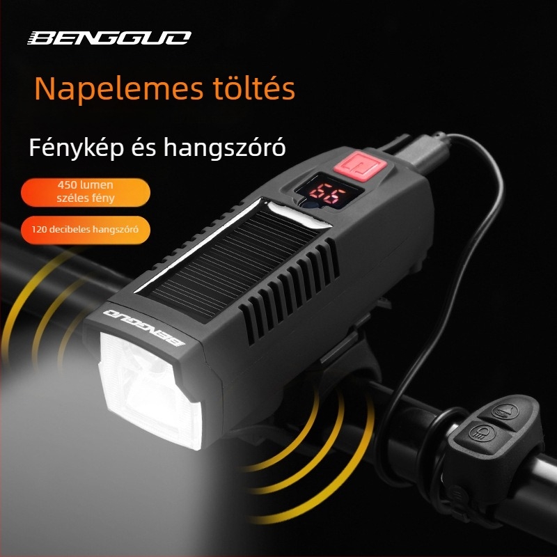 Kerékpár első fényszóró napenergiával működik és USB töltéssel