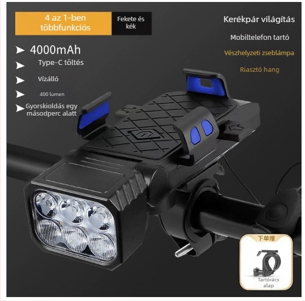 Kerékpárfény telefon-tartóval, csengő, vízálló, nagy fényerő, állítható éjszakai tekeréshez