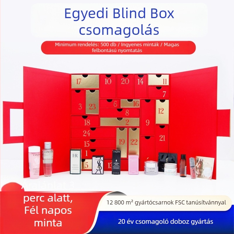 Kozmetikai ajándékdoboz – kétszárnyú könyv-stílusú fiókos doboz, testre szabott papírdoboz, forró fóliázás, UV-nyomtatás és domborítás