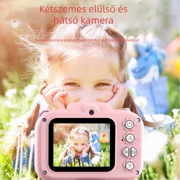 Gyerekeknek szánt digitális kamera kettős elülső és hátsó kamerával, 96 millió pixellel, ABS ház, 12 órás akkumulátor, funkciók: játékok, filterek, fotó matricák