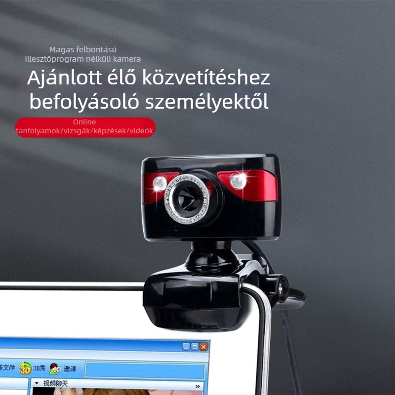 HD webkamera meghajtó nélküli, USB 2.0, LED éjszakai látás, beépített zajcsökkentő mikrofon, manuális fókusz, elektronikus képstabilizáció, asztali számítógépekhez, 800x600, 30fps