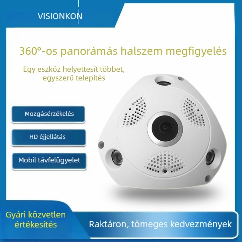 Panorámás VR fisheye kamera, 360°-os holttér nélkül, intelligens HD WiFi vezeték nélküli megfigyelő kamera