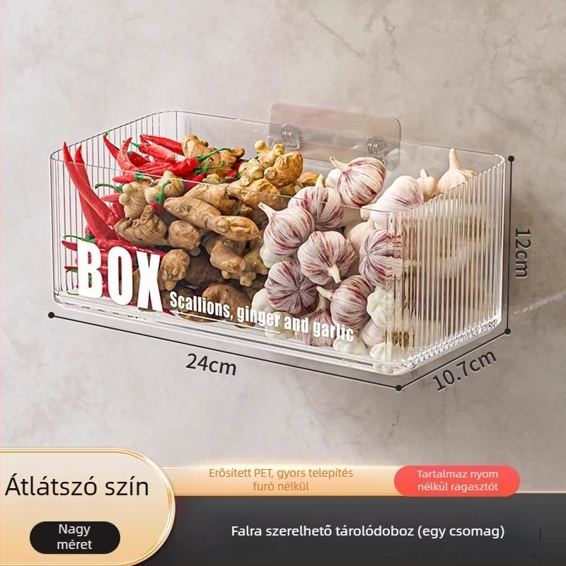 Konyhai falra szerelhető tároló zöldhagymára, gyömbérre és fokhagyma számára — műanyag, MM-WM-150, egy szint, teherbírás 20, fúrás nélküli szerelés