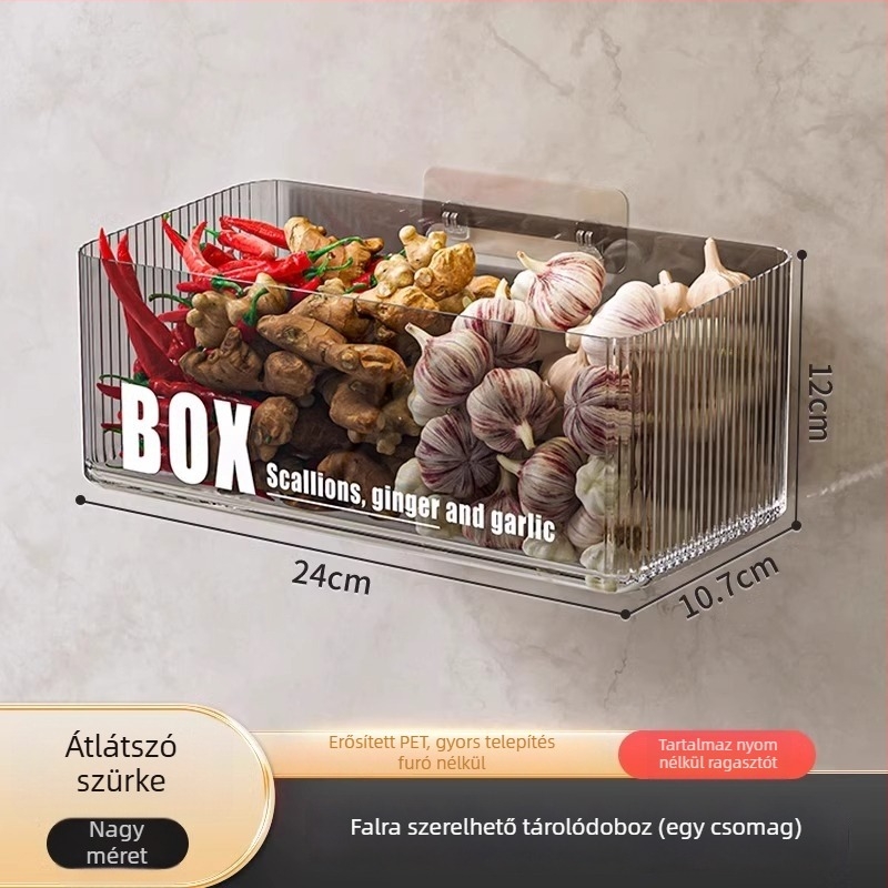 Konyhai falra szerelhető tároló zöldhagymára, gyömbérre és fokhagyma számára — műanyag, MM-WM-150, egy szint, teherbírás 20, fúrás nélküli szerelés