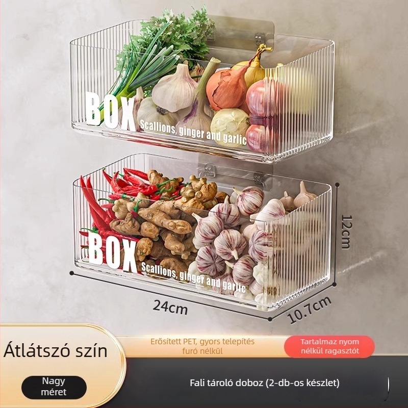 Konyhai falra szerelhető tároló zöldhagymára, gyömbérre és fokhagyma számára — műanyag, MM-WM-150, egy szint, teherbírás 20, fúrás nélküli szerelés