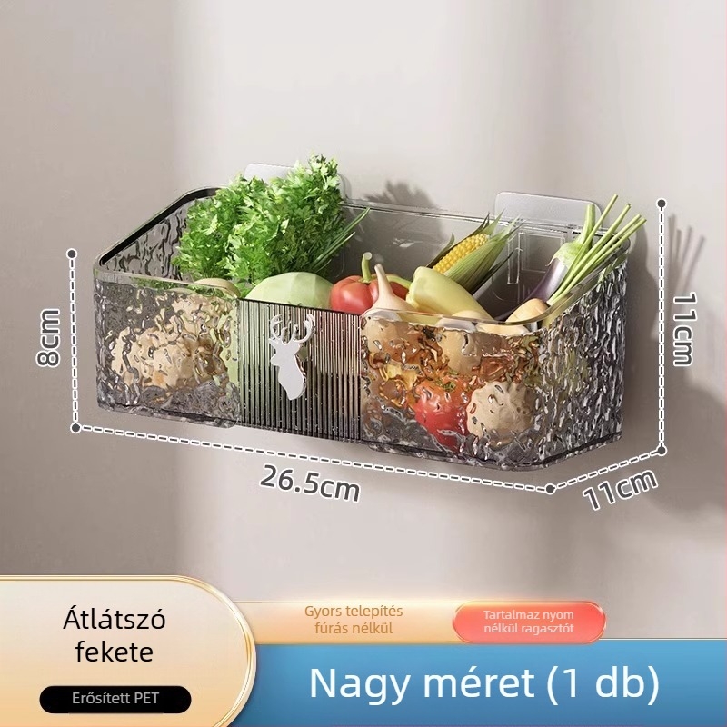 Konyhai falra szerelhető tároló zöldhagymára, gyömbérre és fokhagyma számára — műanyag, MM-WM-150, egy szint, teherbírás 20, fúrás nélküli szerelés
