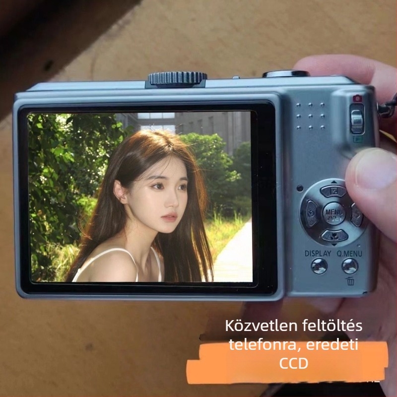 CCD digitális kamera beépített vakuval, kezdő szintű diákoknak, nagy felbontású pixelek (40–50 MP), fix objektív, 8x optikai zoom, por- és ütésálló, campusra készült selfie‑hez