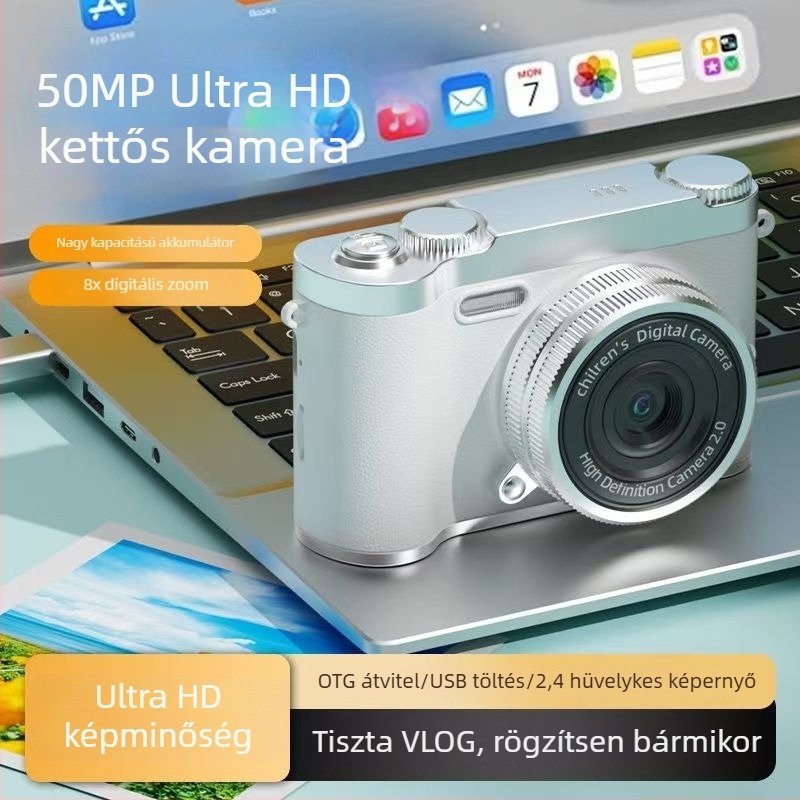 CCD digitális kamera beépített vakuval, kezdő szintű diákoknak, nagy felbontású pixelek (40–50 MP), fix objektív, 8x optikai zoom, por- és ütésálló, campusra készült selfie‑hez