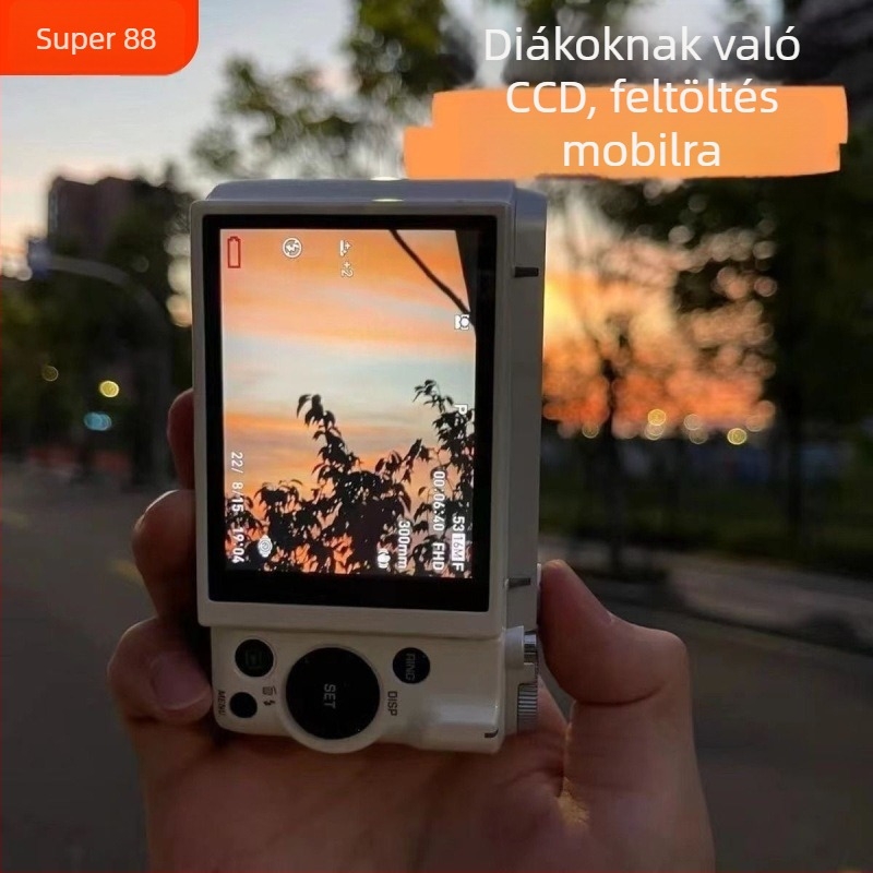 CCD digitális kamera beépített vakuval, kezdő szintű diákoknak, nagy felbontású pixelek (40–50 MP), fix objektív, 8x optikai zoom, por- és ütésálló, campusra készült selfie‑hez